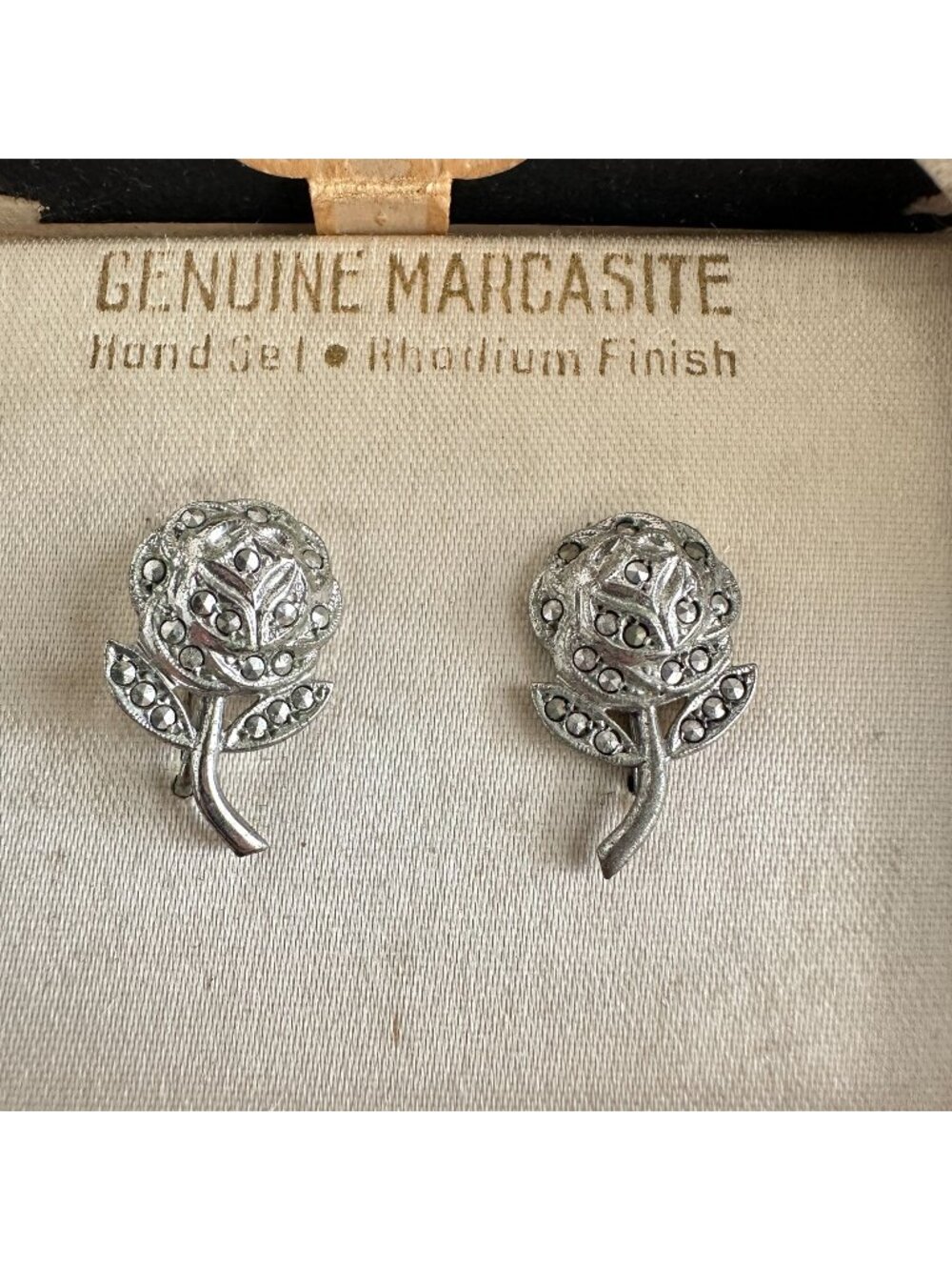Vintage Sterling Silver Marcasite Rose Earrings Rhodium NOS Screw Back